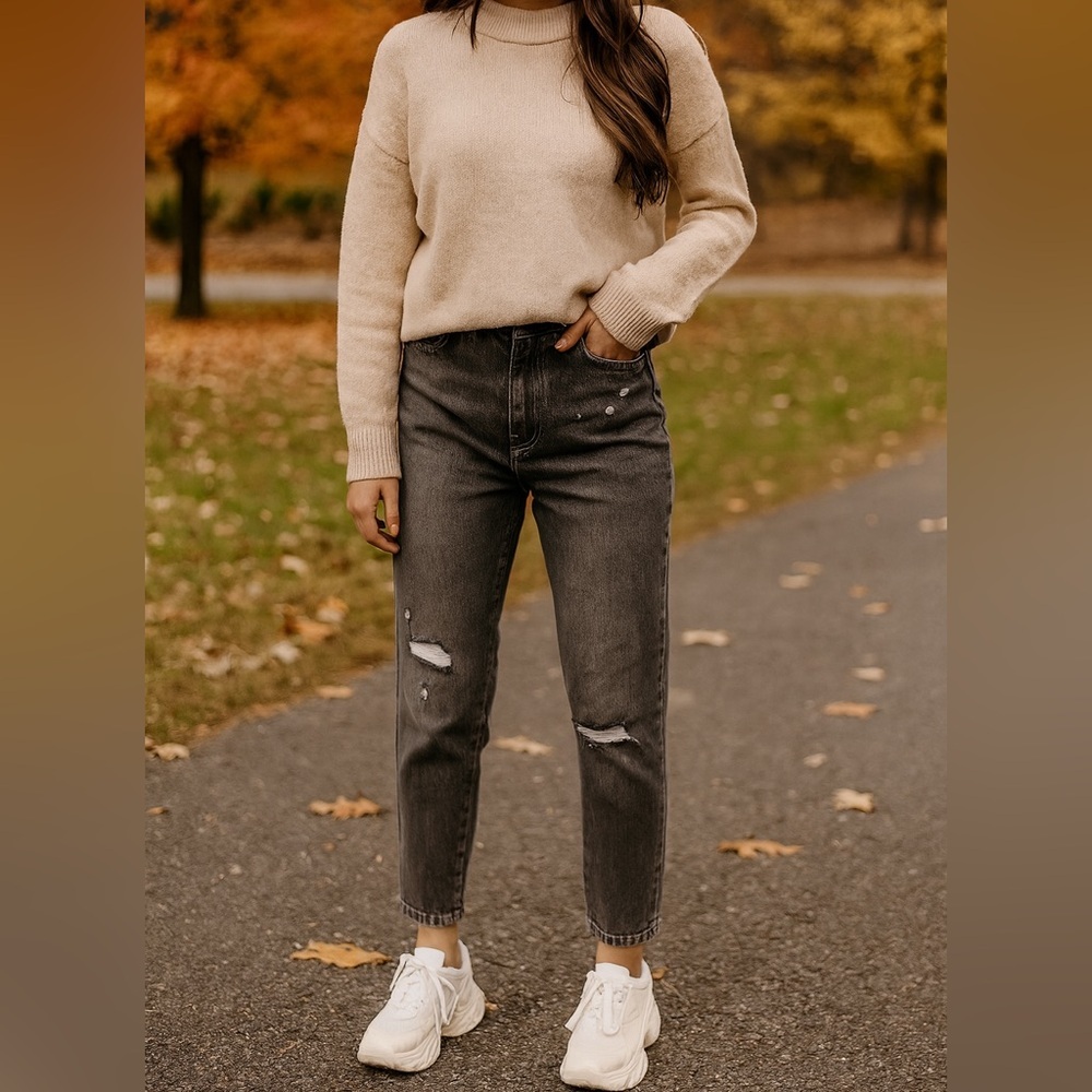 Dyndnm Claudia High Rise Mom Gray Distressed Jeans‎ 29